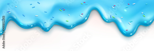 Blue melted icing drips with colorful sprinkles - sweet glossy frosting glaze, gooey liquid topping border, sugary ice cream splash isolated on white background. Vector confectionery decoration.