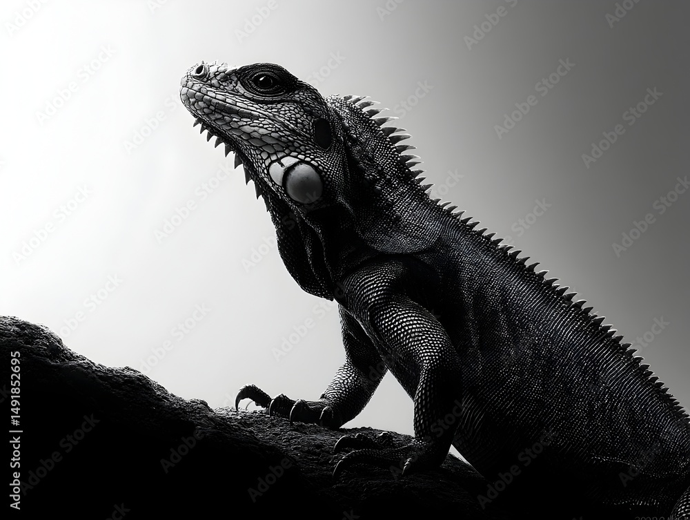 Fototapeta premium A majestic iguana perches on a dark rock gazing upward against a bright light showcasing detailed scales and texture in a dramatic black and white