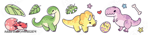 Cute baby dinosaur set. Adorable dino cartoon characters in colorful style - brontosaurus and triceratops, t-rex and triceratops. Playful prehistoric animal , funny kawaii mascots for kids designs.