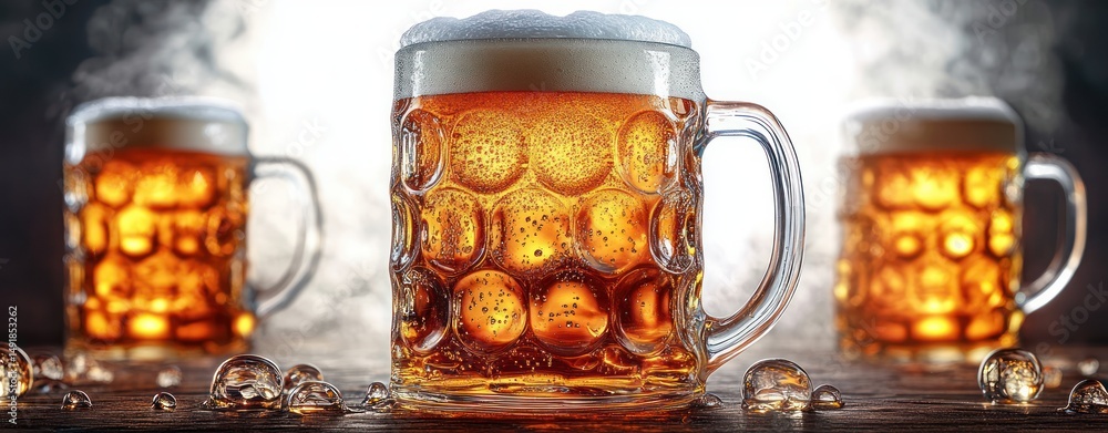 Close-up of three frosty beer mugs filled with amber beer and foam on a wooden surface with scattered ice cubes and droplets creating a refreshing atmosphere Close-up of three frosty beer mugs filled with amber beer and foam on a wooden surface with scattered ice cubes and droplets creating a refreshing atmosphere
