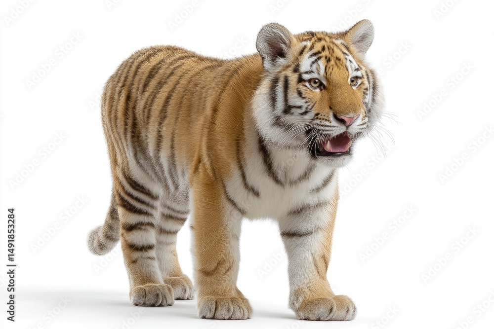 Obraz premium Tiger Cub Standing Alert on White Background