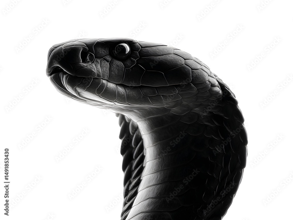 Fototapeta premium A detailed close-up of a black cobra's head and neck, subtly illuminated against a stark white background showcasing intricate scales and textures.