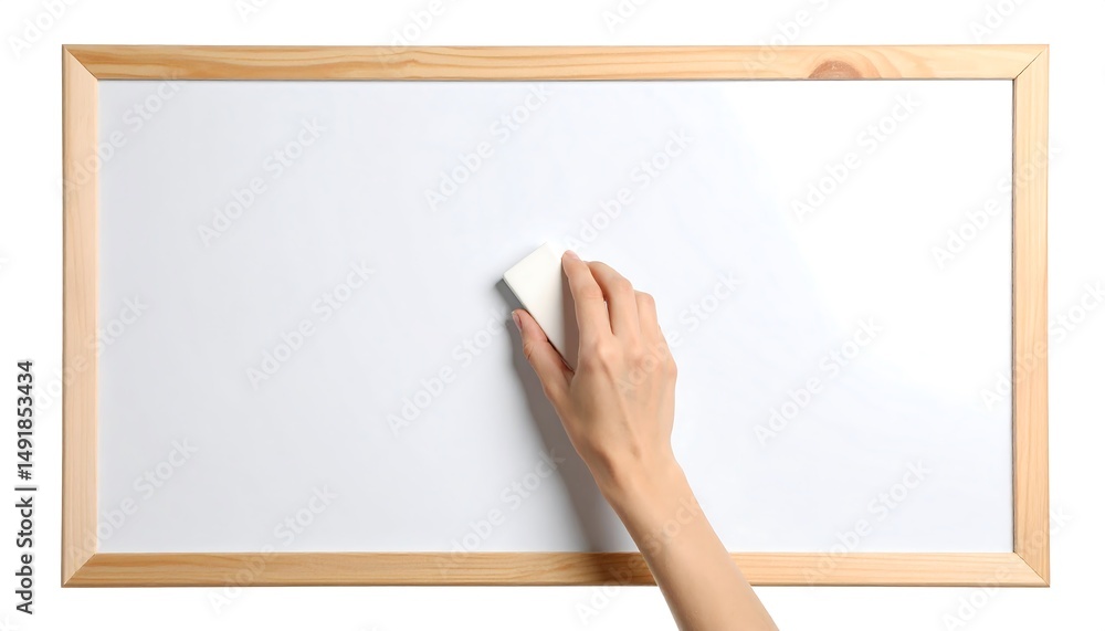 Obraz premium Hand cleaning white board with eraser inside a wooden frame isolated on white background
