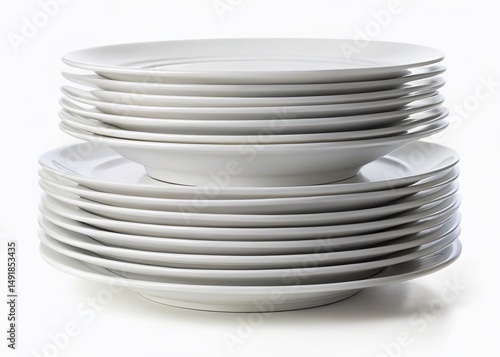 Minimalist Stack of White Plates Isolated on White Background - Clean Kitchenware Stock Photo