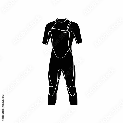 Black wetsuit. Outlined design. Short sleeves. Topside zipper. Streamlined and ready!