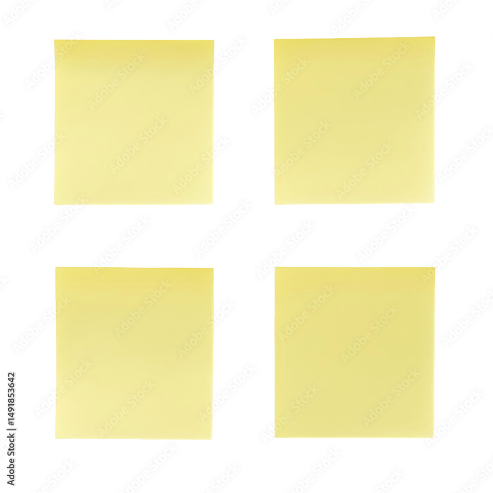 Four yellow sticky notes are lined up in a row Four yellow sticky notes are lined up in a row