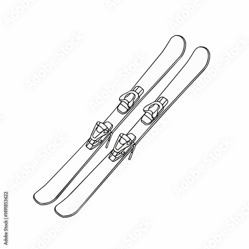 A pair of skis shown in an outlined style on a white background. Ready for winter sports