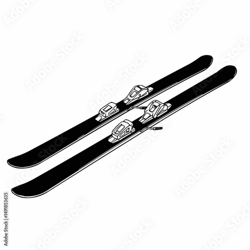 Line art rendering of skis with bindings, black and white, angling from lower right