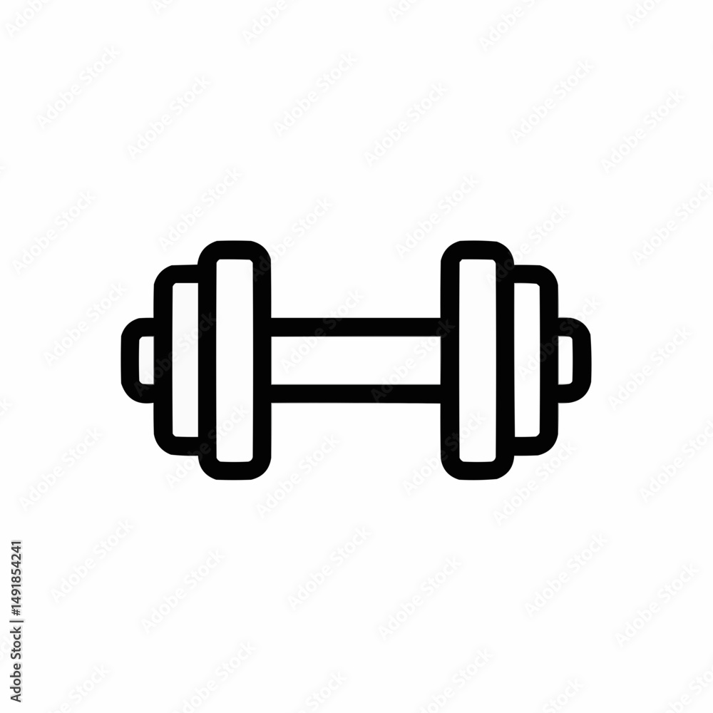 Simple line drawing of a barbell with plates on each side in black on white background Simple line drawing of a barbell with plates on each side in black on white background