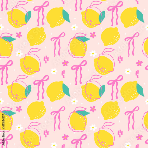 playful coquette lemon with vibrant pink ribbon in seamless repeating pattern,summer wallpaper girly kawaii aesthetic