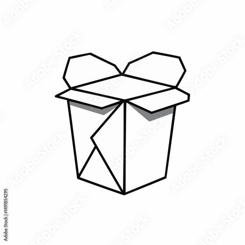 Graphic of opened takeout container with folded top, white interior and black lines