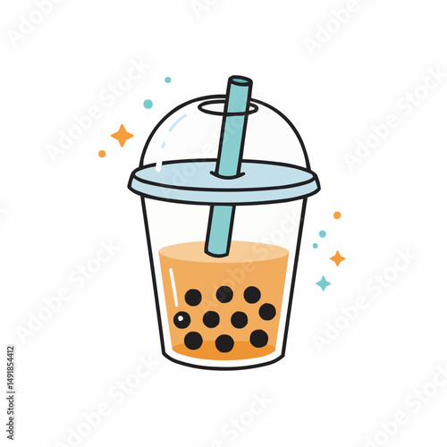 A stylized drink in a plastic cup with blue straw and lid, plus sparkles on white