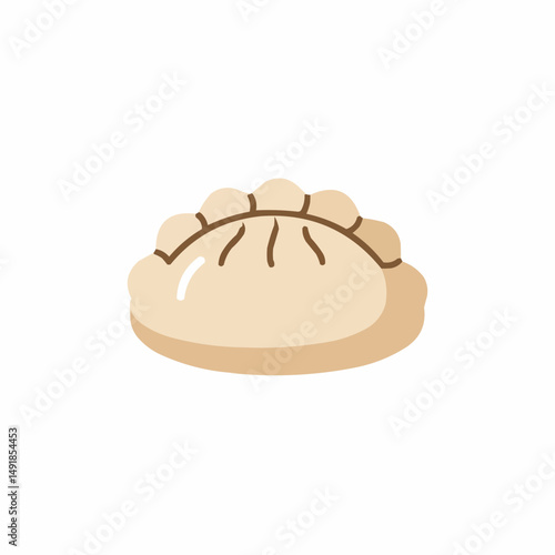 Delicate light brown dumpling on a crisp white background, savory filling