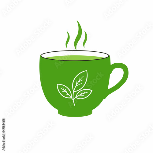 Illustration of a green tea cup with steam rising on a white background