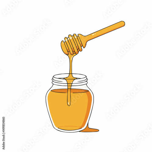 Golden honey drips from a honey dipper into a puddle. Isolated on white