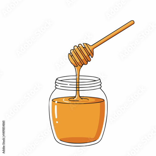 Cartoon illustration of a wooden honey dipper dripping honey in a bowl. Sweet, golden