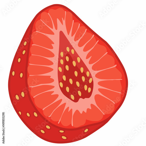 Detailed closeup a halved strawberry with seeds, flesh, and core in shades of red