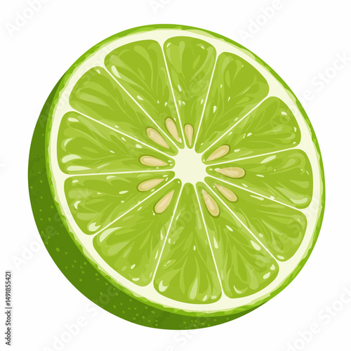 Sliced green fruit showing pulp and seeds against a white background