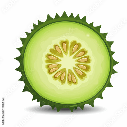 Slice of a light green fruit has multiple seeds and a bumpy outer rim