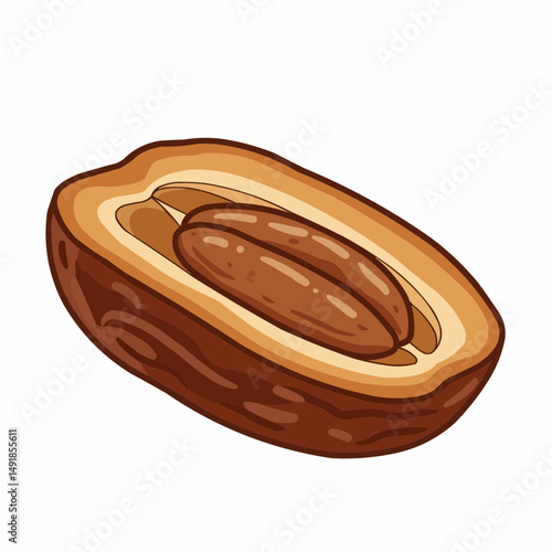 Cut illustration of date fruit showing flesh and seed isolated on white background