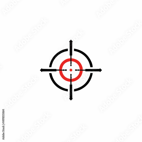 Stylized scope with a red center, on a white background. Black arrows intersect