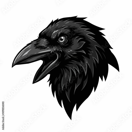 Bold, stylized raven graphic with intricate feather and beak details against white