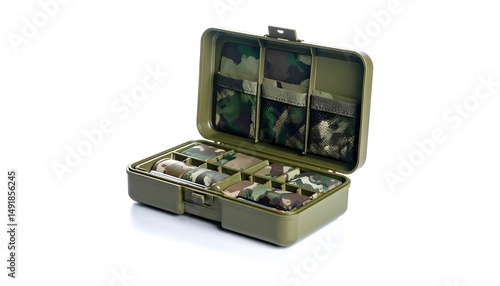 Open olive green rectangular organizer with camouflage inserts on a white background. Angled shot of the storage case containing several compartments