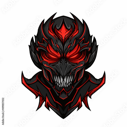 Stylized mask-like face with red and black jagged flames on a white background