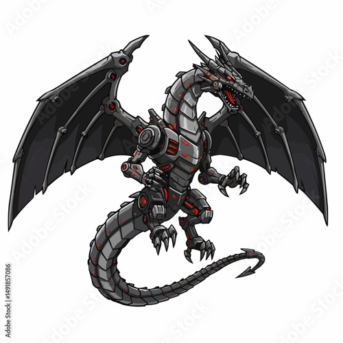 Cybernetic dragon with metallic armor, red accents, sharp teeth, and piercing red eyes