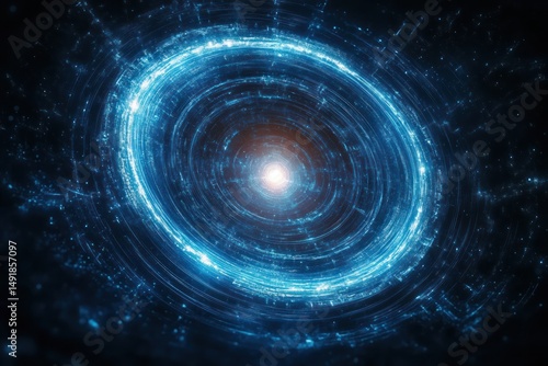 Bright glowing circular spiral with blue light particles radiating from the center in a dark space background, conveying a futuristic and energetic feel