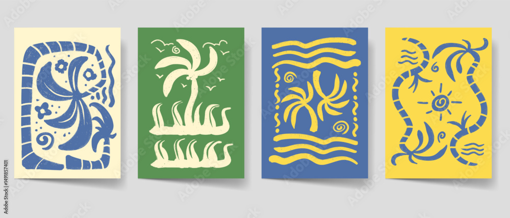 Fototapeta premium Vintage summer poster set, Flyer bohemian style for print. Beach poster template bundle. Mid century graphic collection