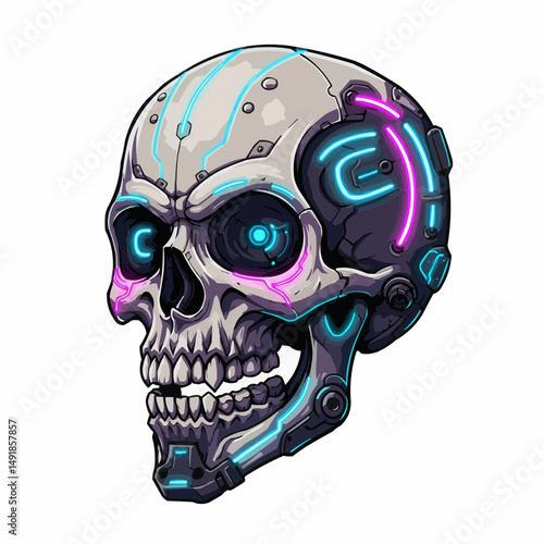 Cybernetic skull shows futuristic design, with neon accents & robotic eye