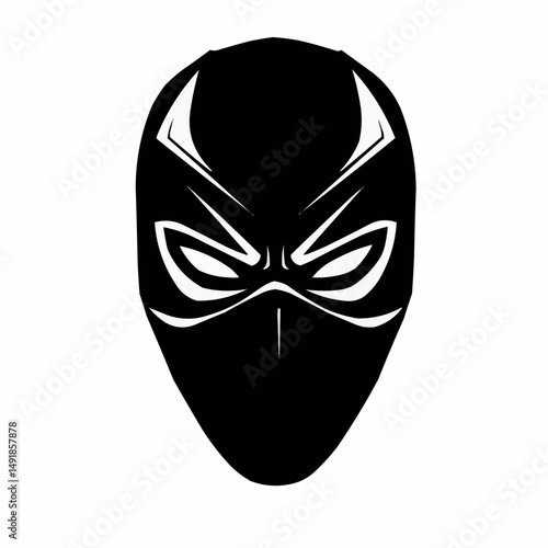 Monochrome graphic of a masked figure's upper face, with angular details and sharp lines