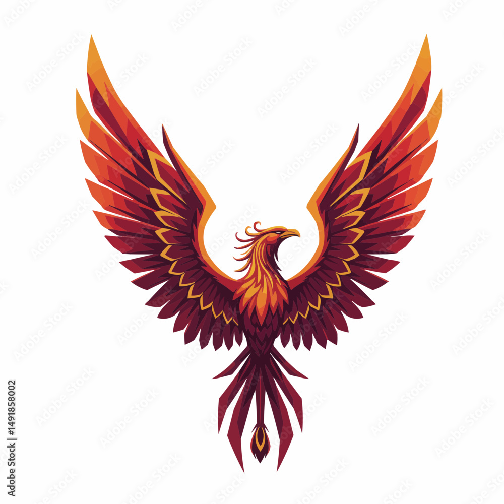 Fototapeta premium Stylized phoenix rises with wings spread, feathers in shades of red, orange, and yellow