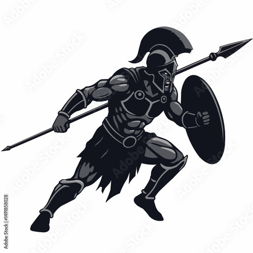 Ancient warrior in full armor, armed with a spear and shield, ready for battle