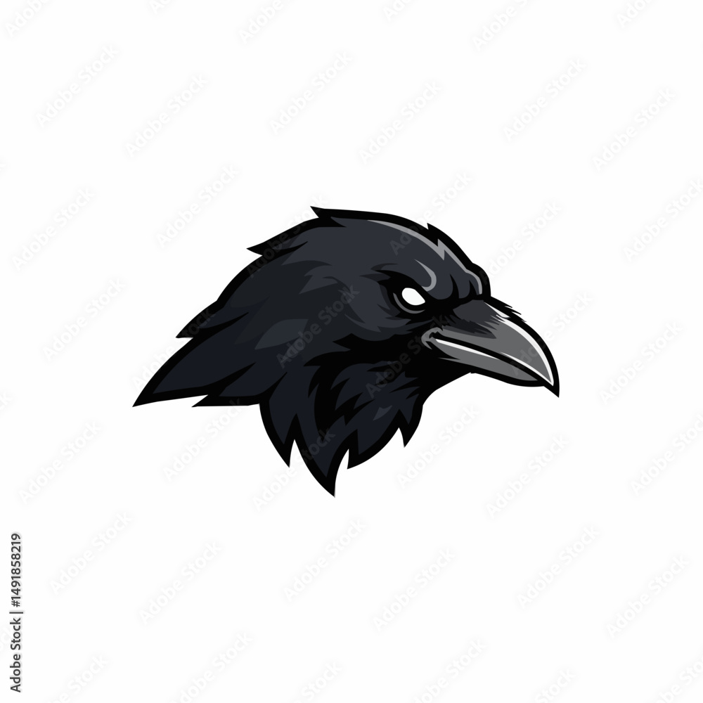Fototapeta premium Graphic crow illustration with menacing eyes and dark plumage on a white background