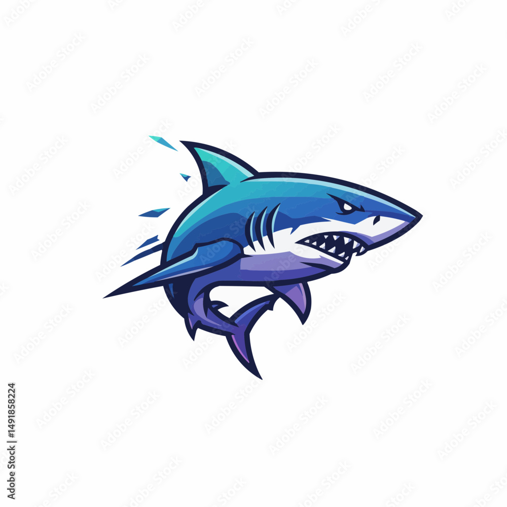 Fototapeta premium Fierce shark graphic, jaws open and ready, on a clean white background