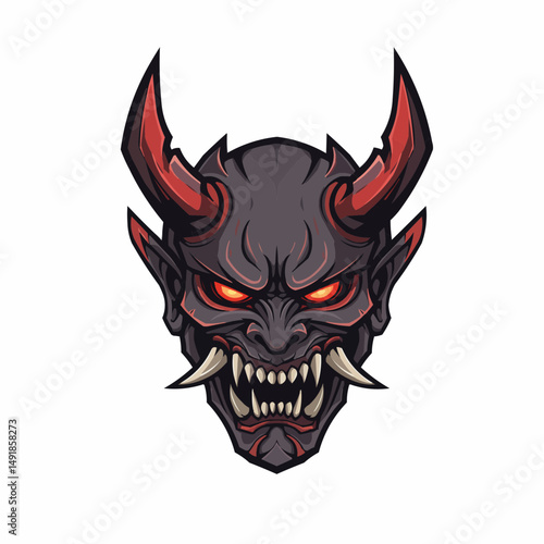 Abstract depiction features a horned, stylized helmet with shades of grey and red