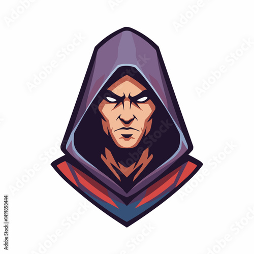 Hooded figure staring forward menacingly, eyes glowing and brow furrowed, on white