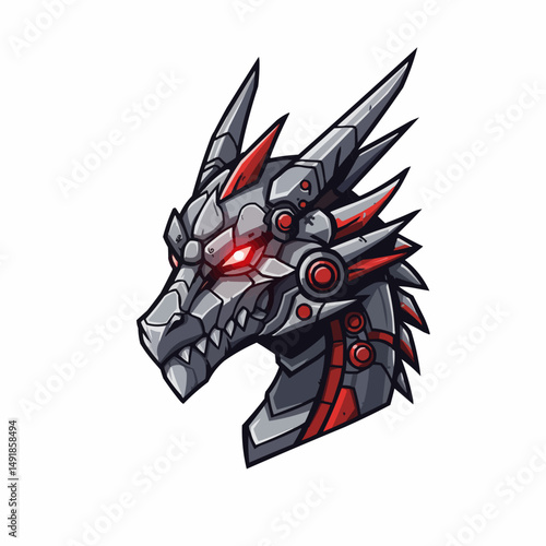 Grey robot head with red details and glowing eyes, mechanical and detailed design
