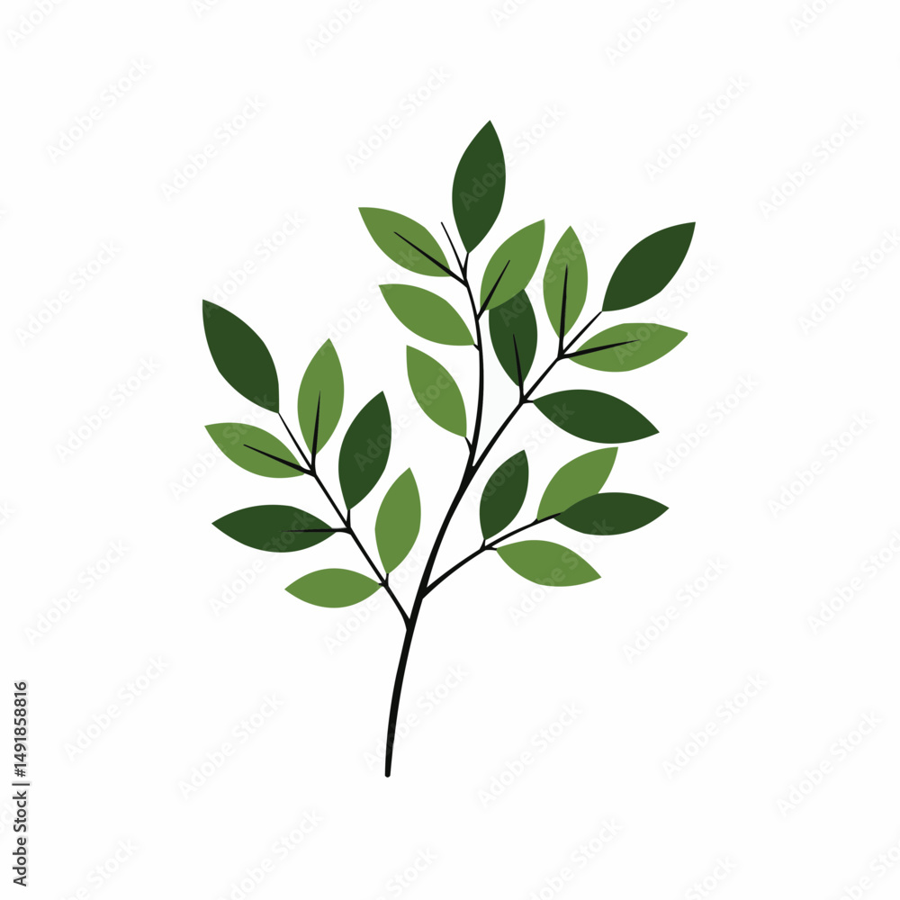 Fototapeta premium Leafy branches in the lower right corner on a white background; green hues