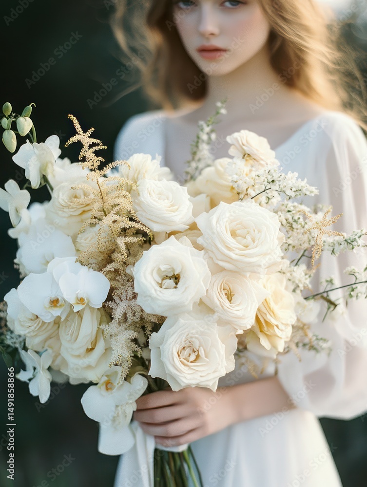 Naklejka premium young woman in a white dress holding a large bouquet of white and cream flowers with a soft and serene expression