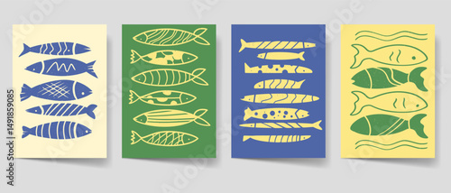 Abstract vintage fish poster set, Summer flyer bohemian style for print. Beach poster template bundle. Mid century graphic collection