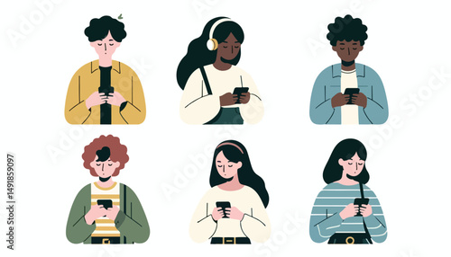 Vector of multiethnic young people who are busy with their respective mobile phones
