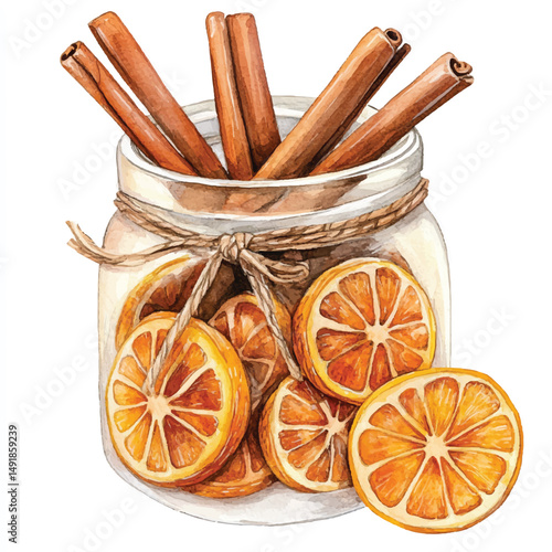Cute cartoon watercolor A glass jar filled with cinnamon and dried lemon slice