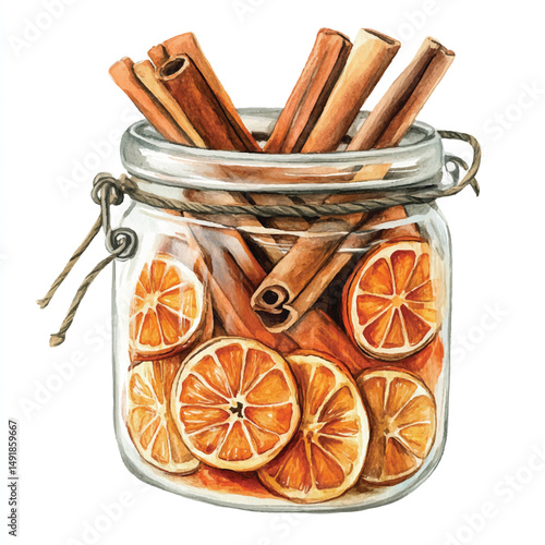 Cute cartoon watercolor A glass jar filled with cinnamon and dried lemon slice