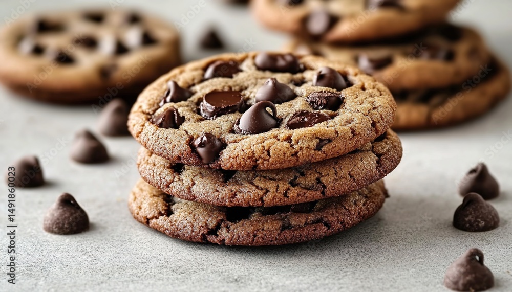 Fototapeta premium Stacked chocolate-chip cookies with scattered chips on a gray surface.