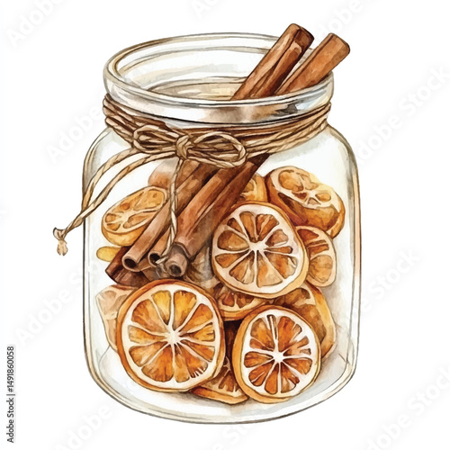 Cute cartoon watercolor A glass jar filled with cinnamon and dried lemon slice