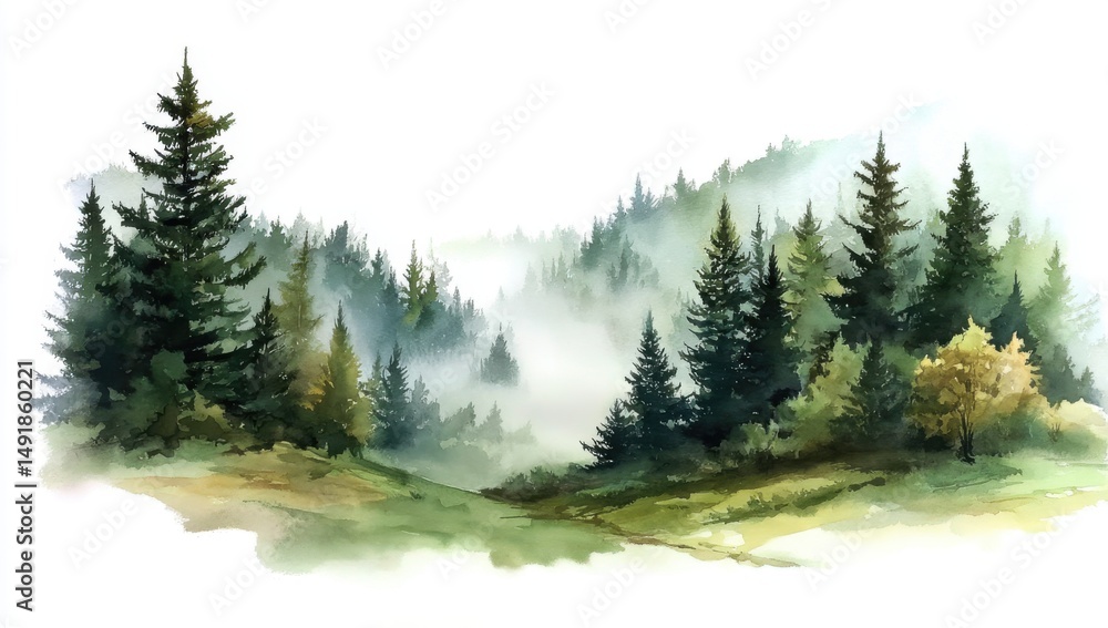 Fototapeta premium Serene Misty Forest Landscape with Pine Trees and Gentle Hills