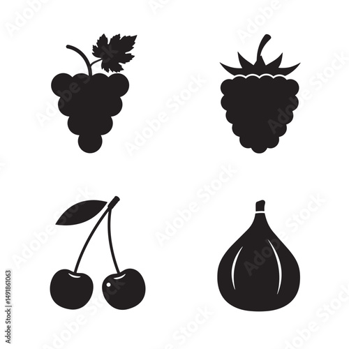 Black and white silhouettes of grape raspberry cherry and fig fruits isolated on white